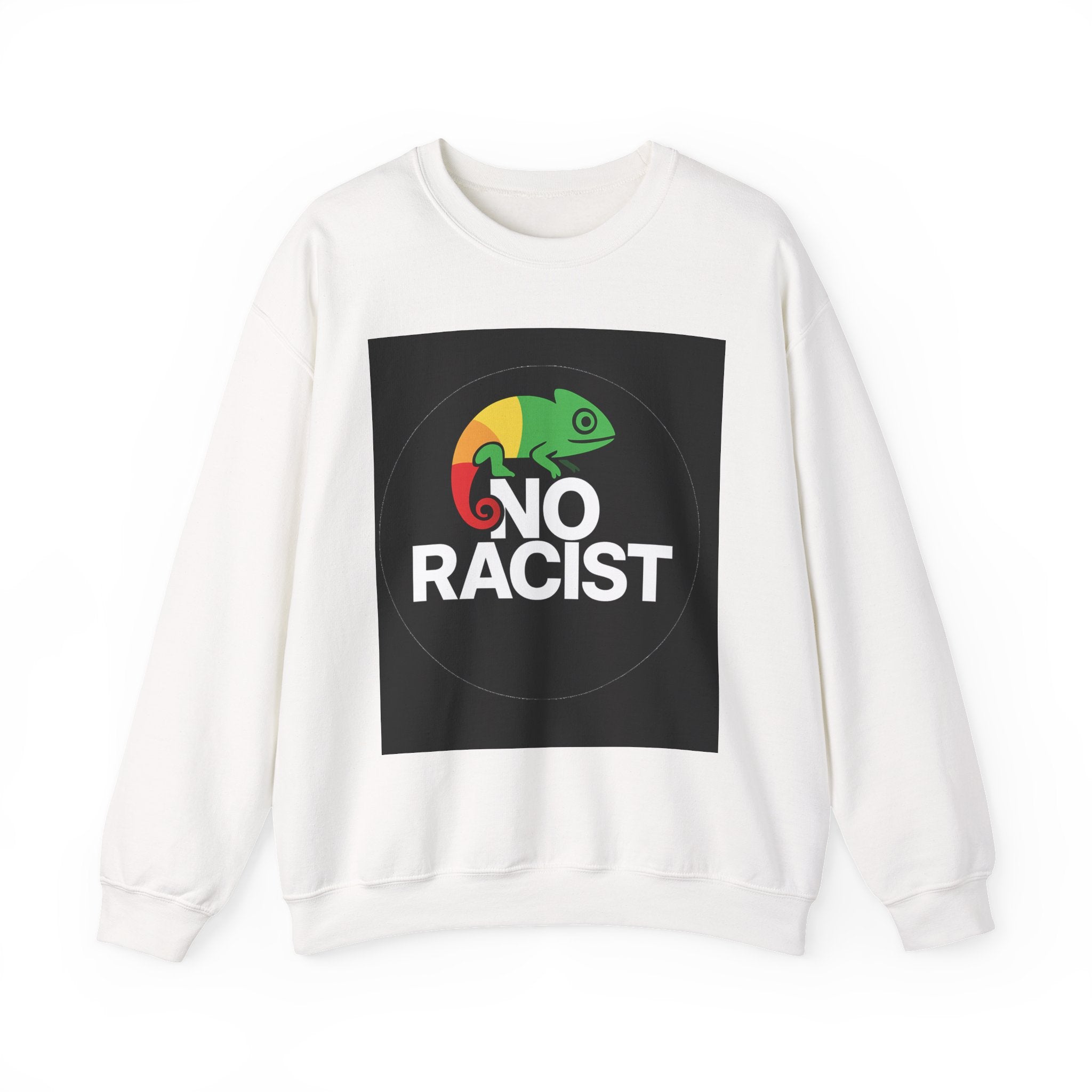 Crewneck Sweatshirt — 'No Racist' Rainbow Chameleon Anti-Racism Graphic