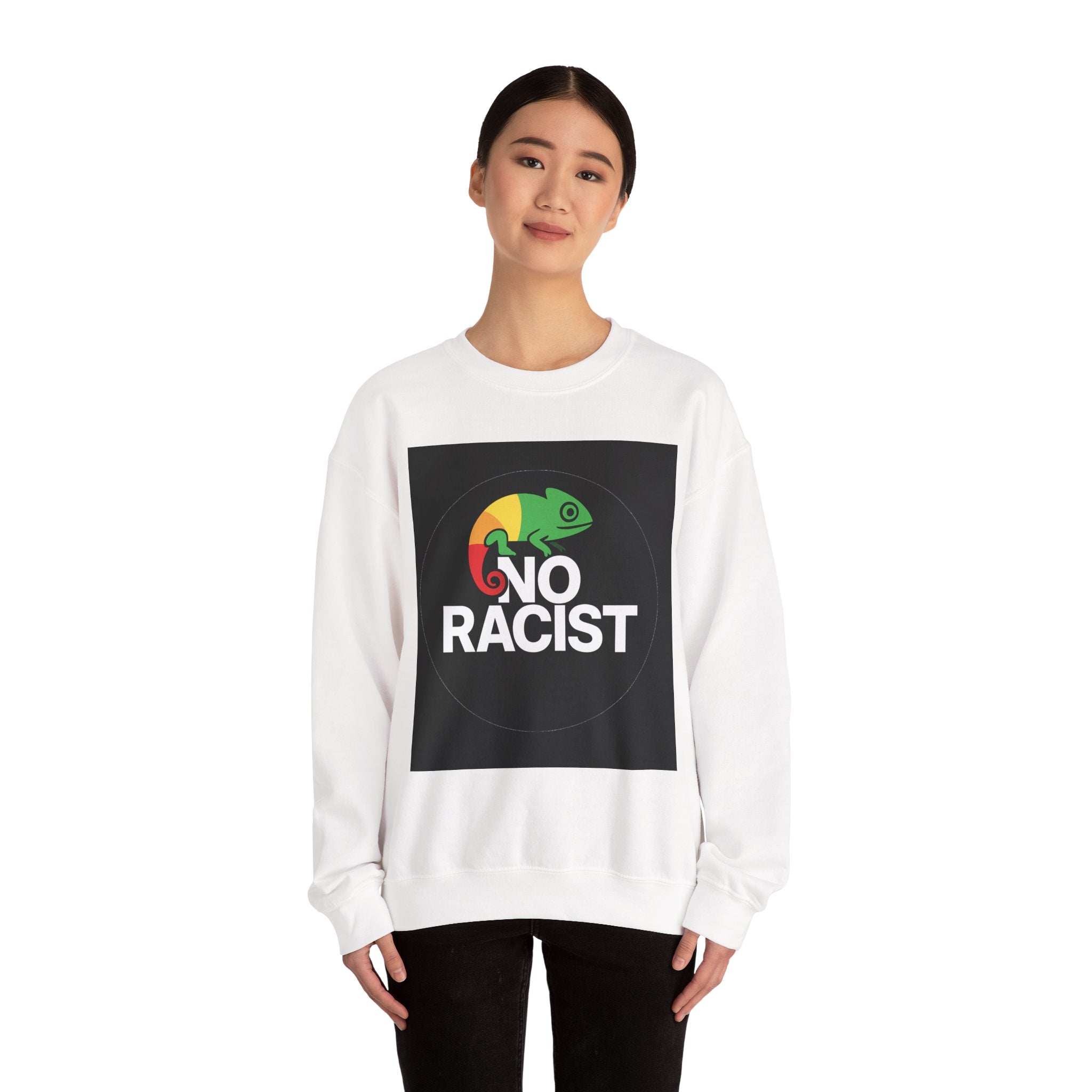 Crewneck Sweatshirt — 'No Racist' Rainbow Chameleon Anti-Racism Graphic