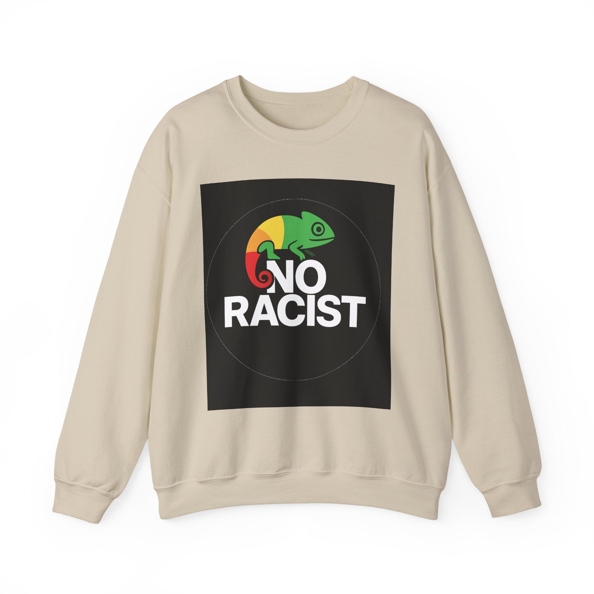 Crewneck Sweatshirt — 'No Racist' Rainbow Chameleon Anti-Racism Graphic