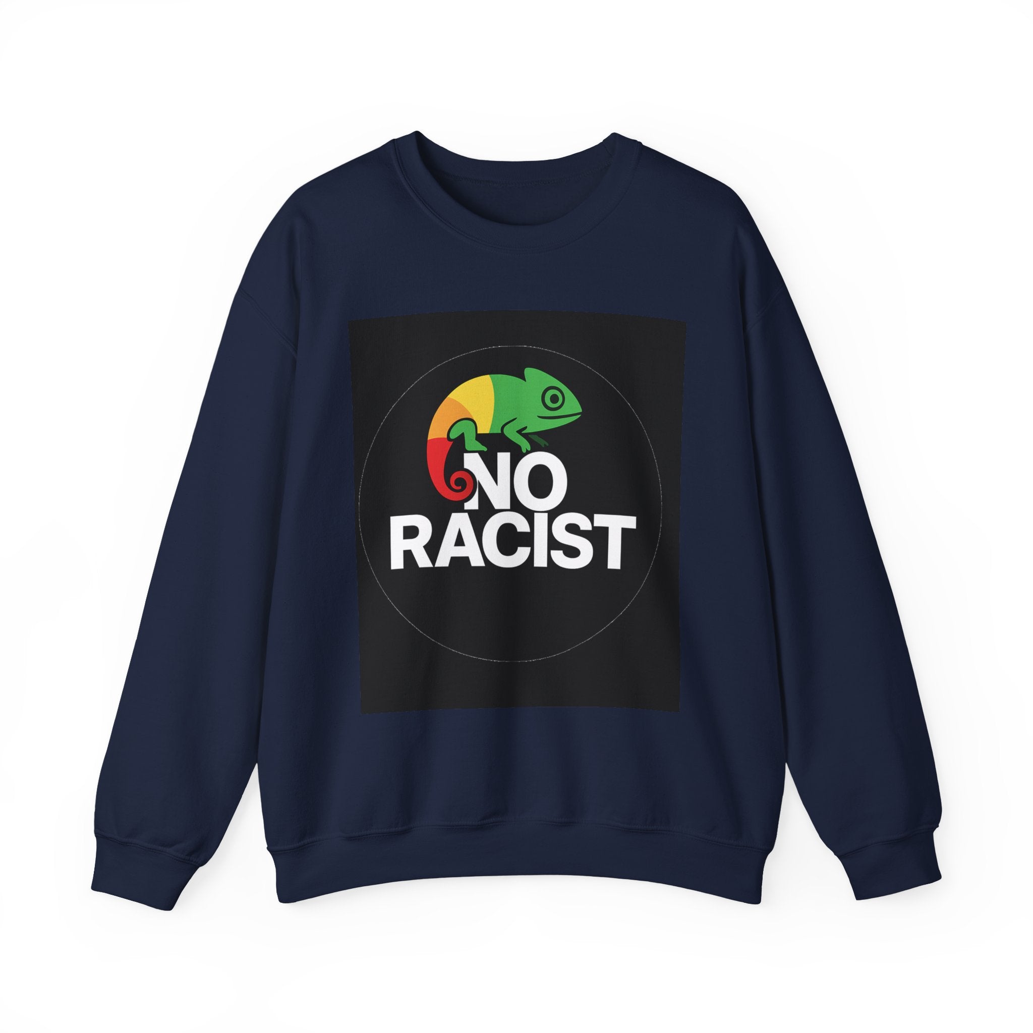 Crewneck Sweatshirt — 'No Racist' Rainbow Chameleon Anti-Racism Graphic