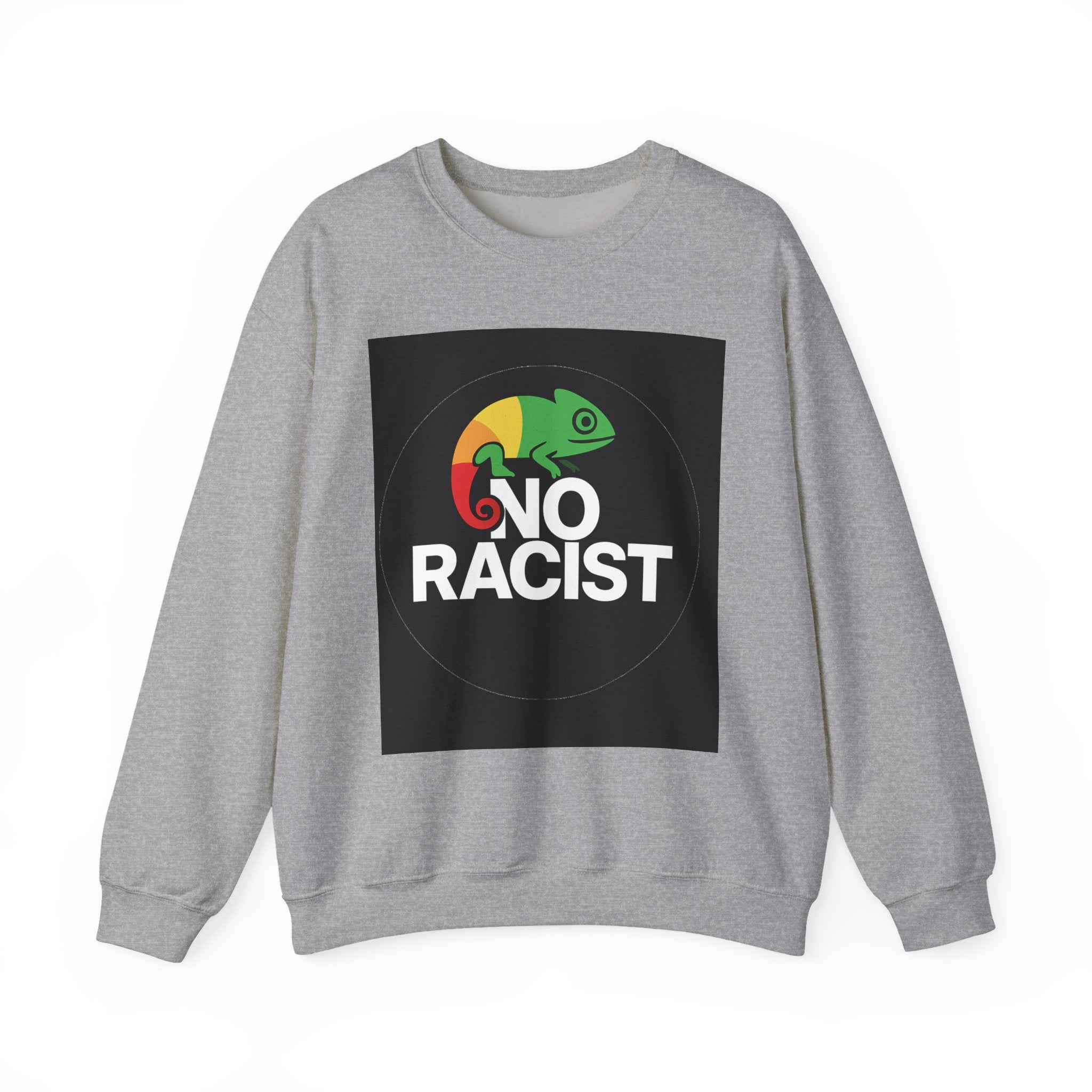 Crewneck Sweatshirt — 'No Racist' Rainbow Chameleon Anti-Racism Graphic