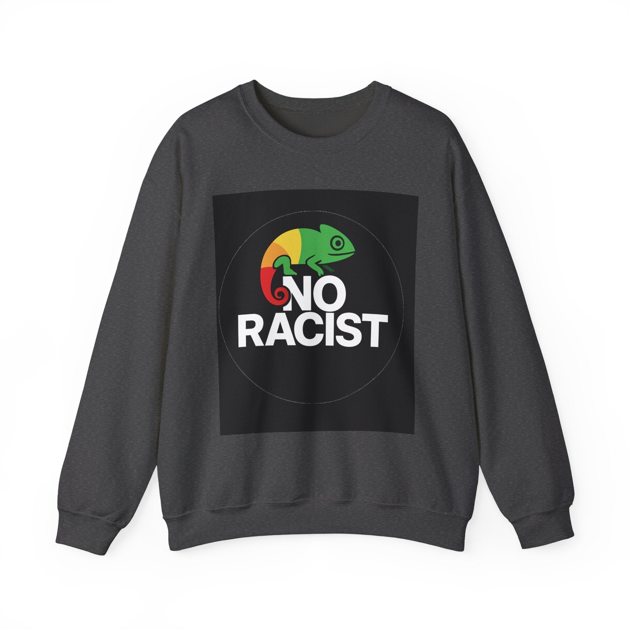 Crewneck Sweatshirt — 'No Racist' Rainbow Chameleon Anti-Racism Graphic