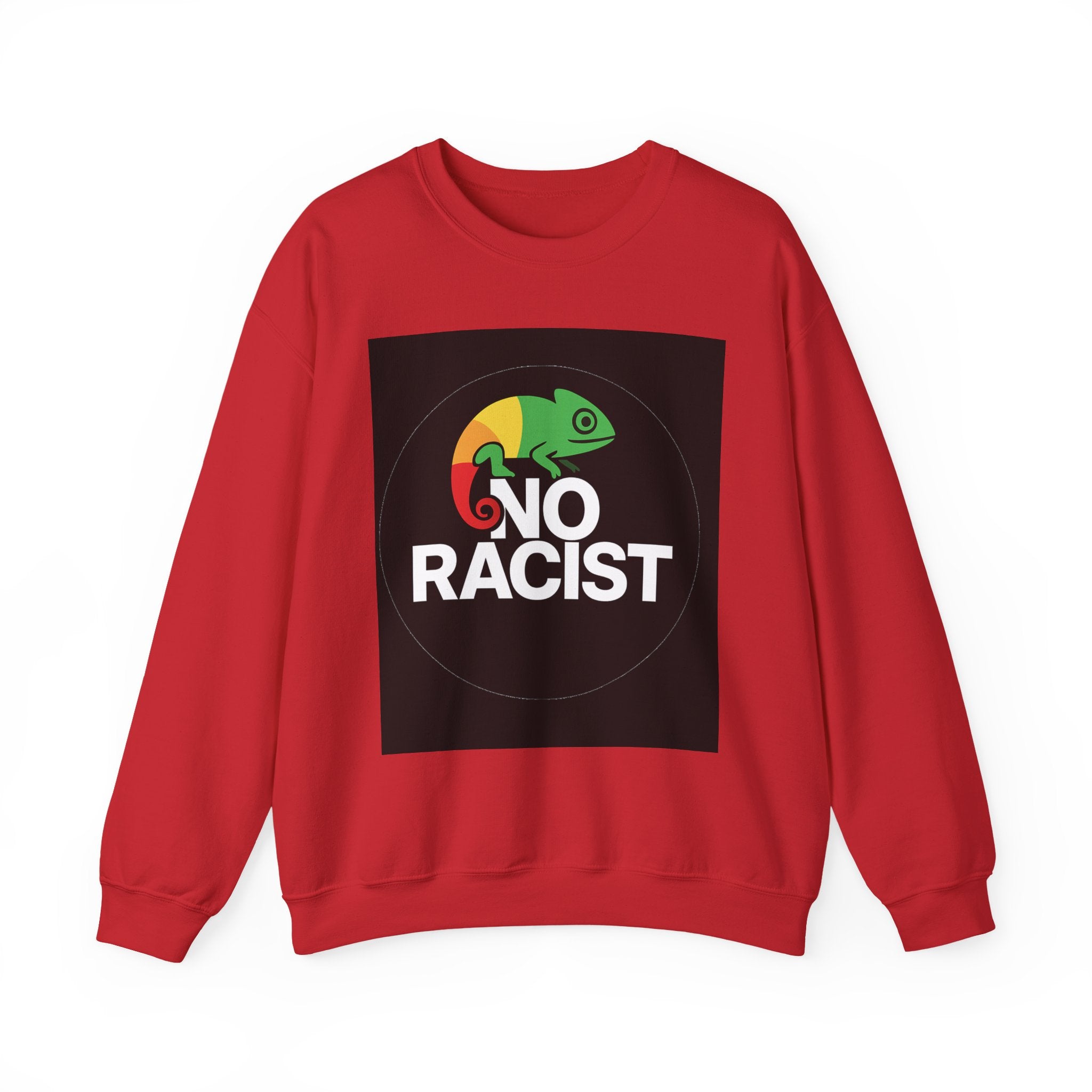 Crewneck Sweatshirt — 'No Racist' Rainbow Chameleon Anti-Racism Graphic