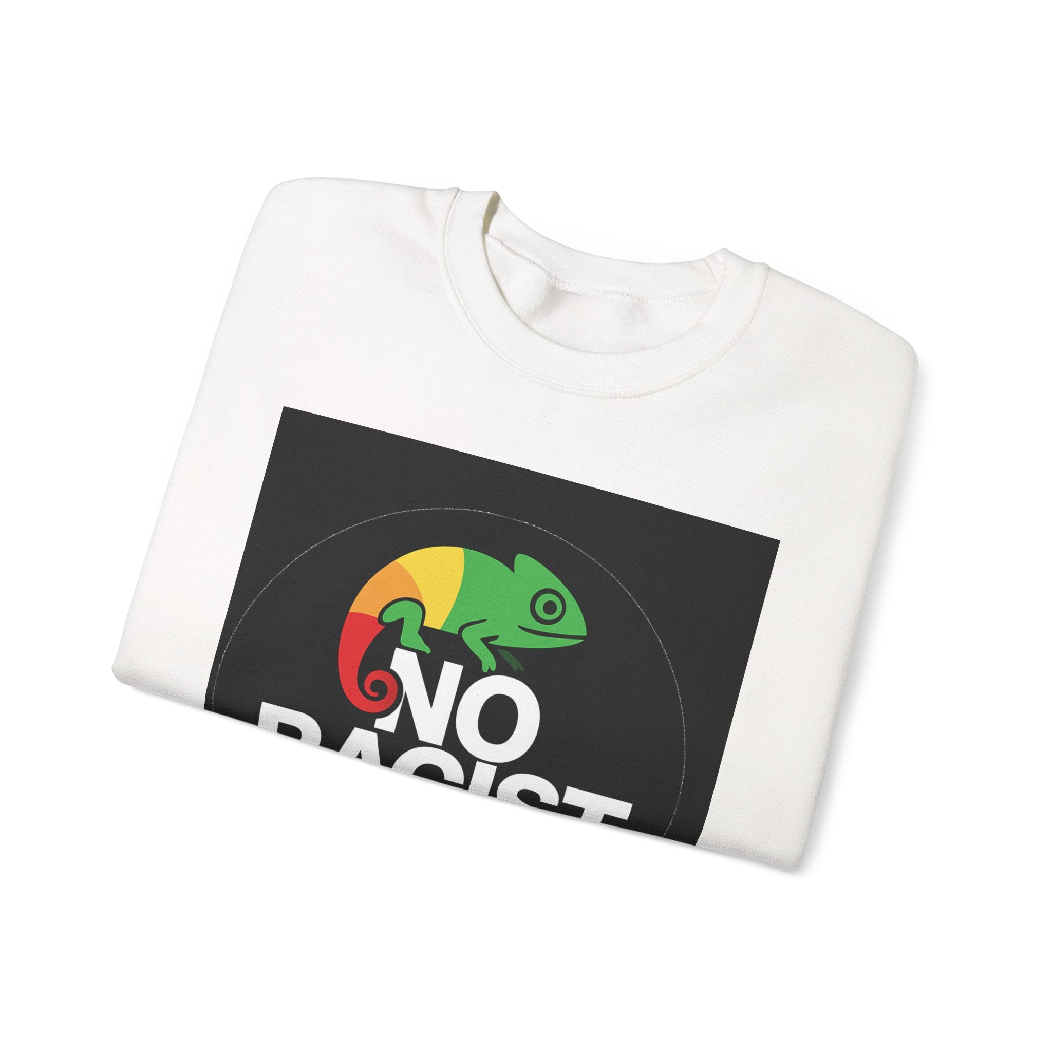 Crewneck Sweatshirt — 'No Racist' Rainbow Chameleon Anti-Racism Graphic
